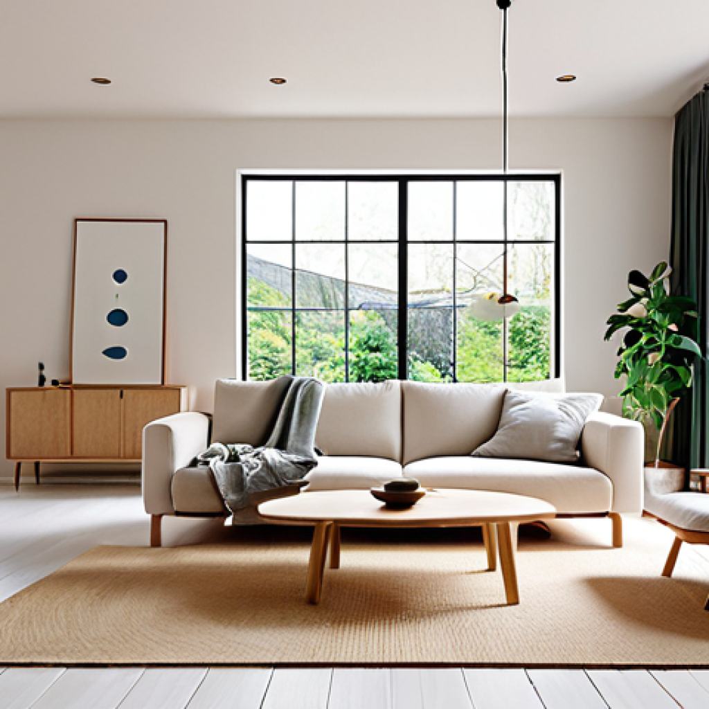 **Prompt:** A bright, modern Scandinavian living room showcasing sustainable materials and minimalist design, inspired by Japanese ceramics. Natural light floods the space, highlighting clean lines and eco-friendly furniture.
